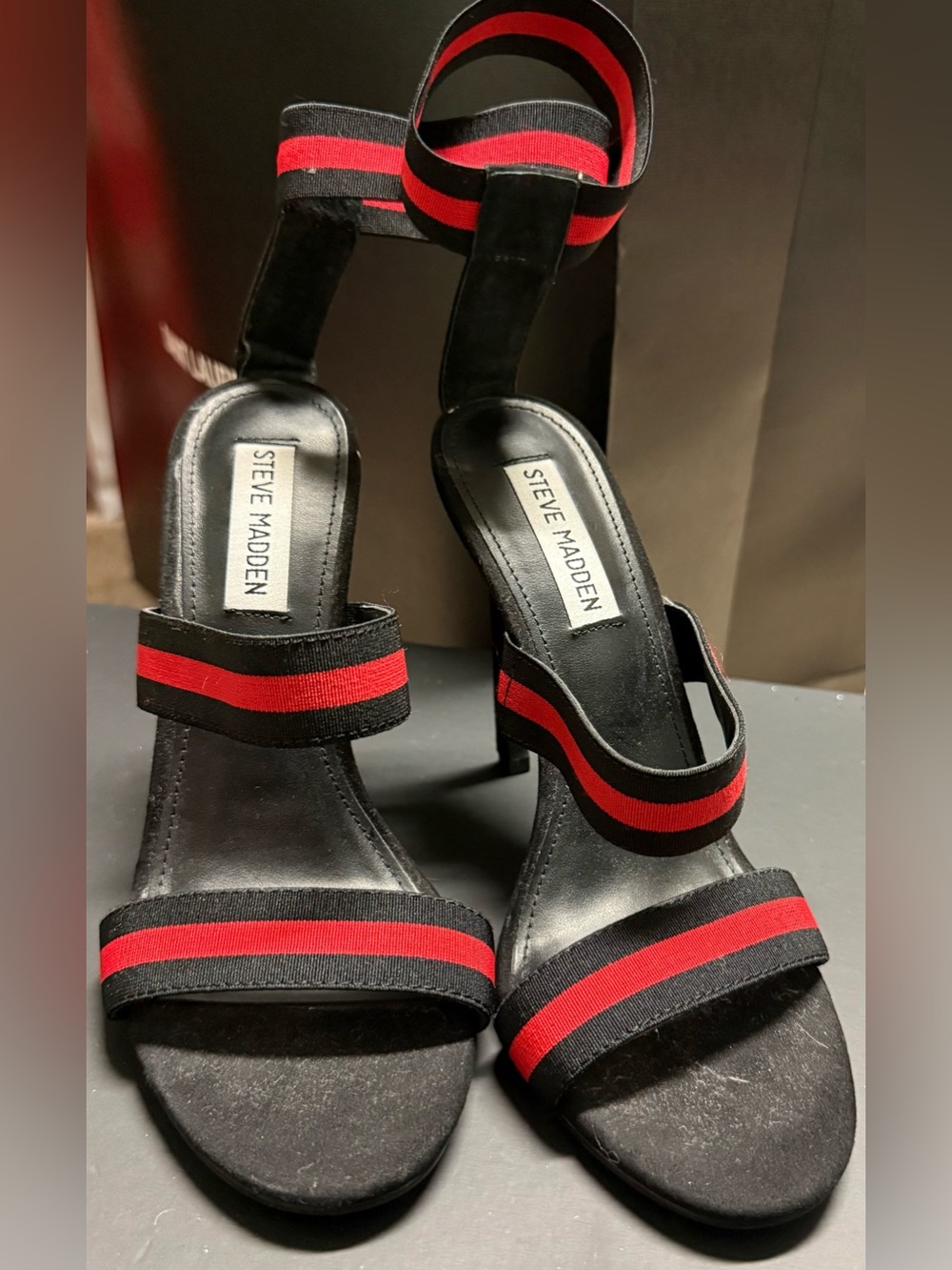 Steve Madden Black Heeled Stilettos with Red Stripe Straps